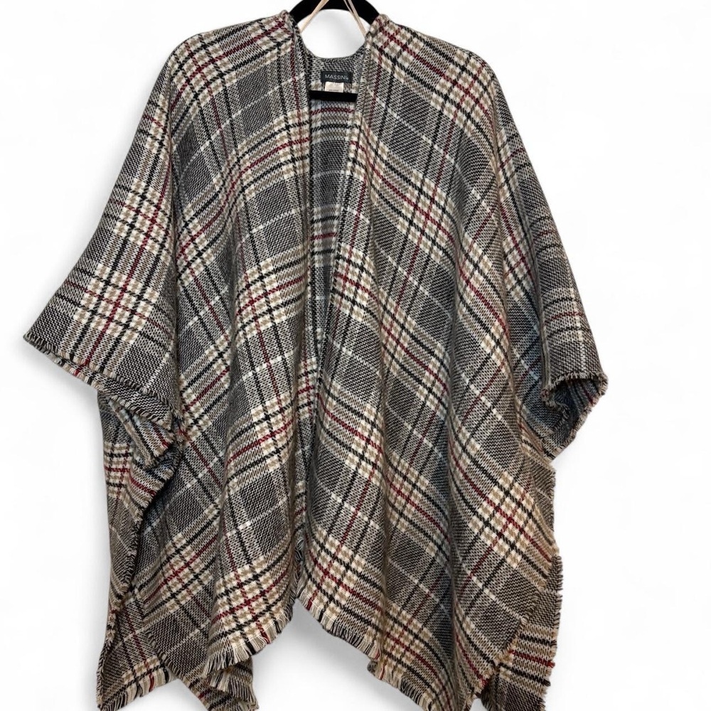 Massini Plaid Open-Front Poncho in Gray, Tan, Navy